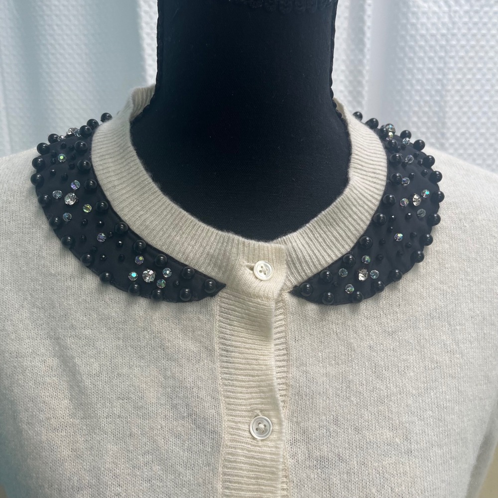 DKNY Cream Lambswool Cashmere Beaded Rhinestone Collar Cardigan Sweater M